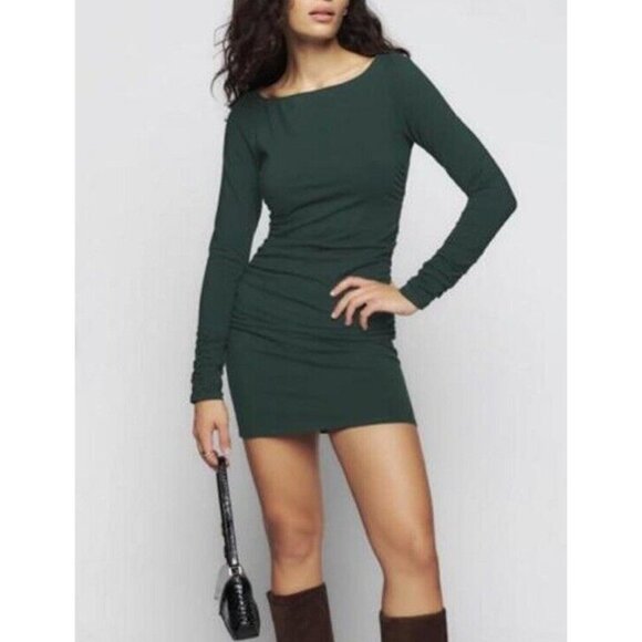 Reformation Lucio Long Sleeve Ruched Knit Mini Dress Green Size M - Picture 8 of 8